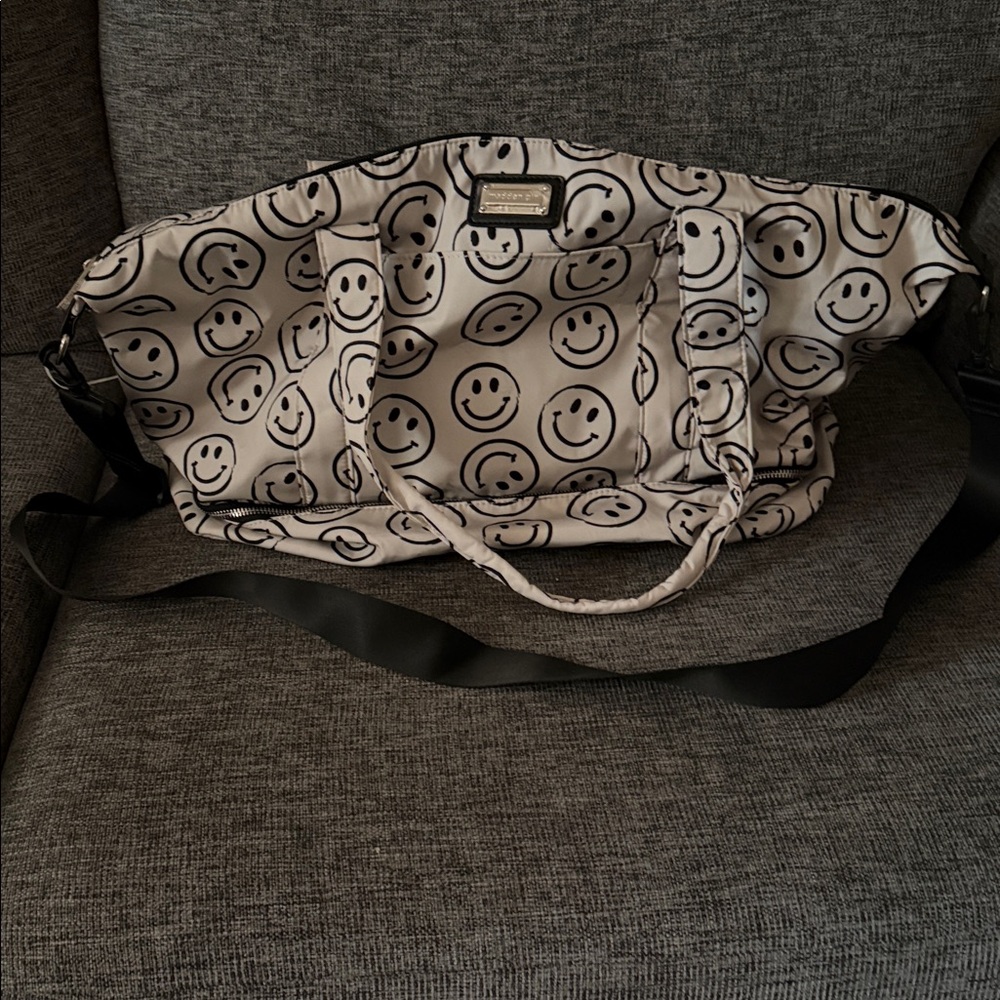 Madden Girl White Smiley Face Print Travel Tote with Black Strap